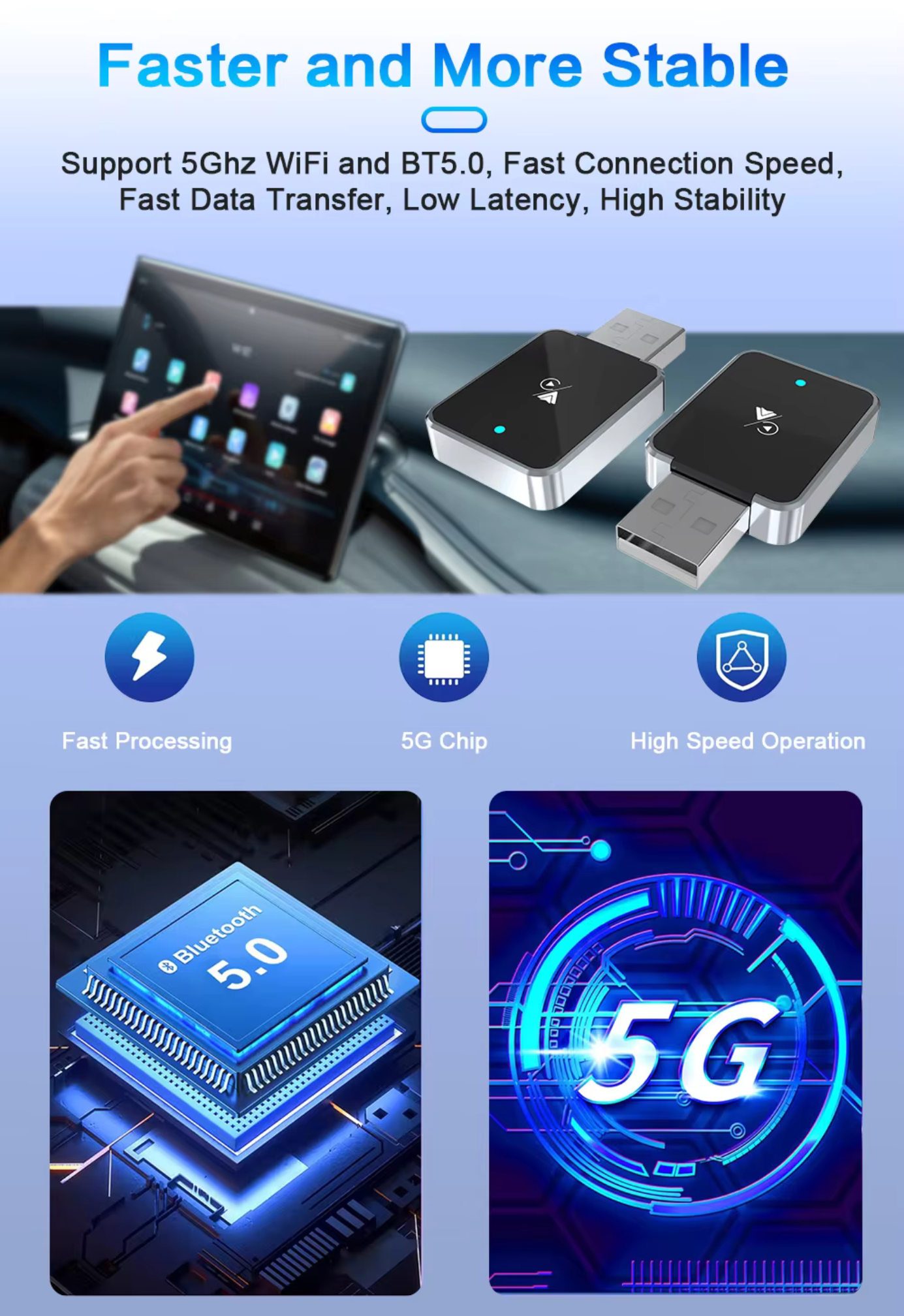 Product advertisement with text about faster and more stable connectivity, featuring a hand using a tablet and two devices on a blue background.