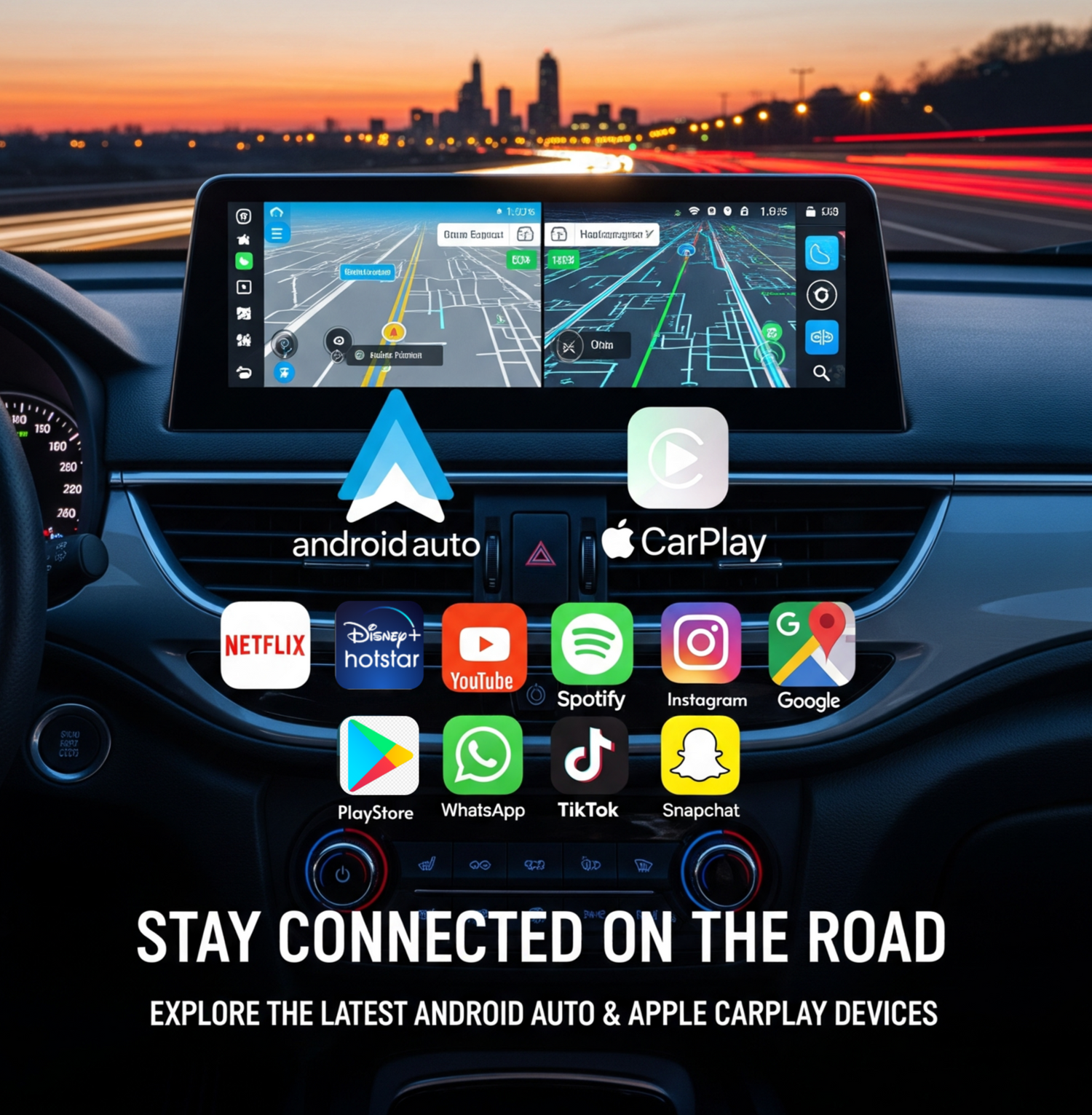 Car dashboard with navigation screen displaying Android Auto and Apple CarPlay icons, with a cityscape in the background.