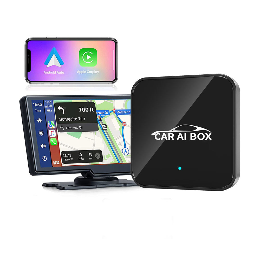 Car AI Box with smartphone displaying navigation apps on a white background