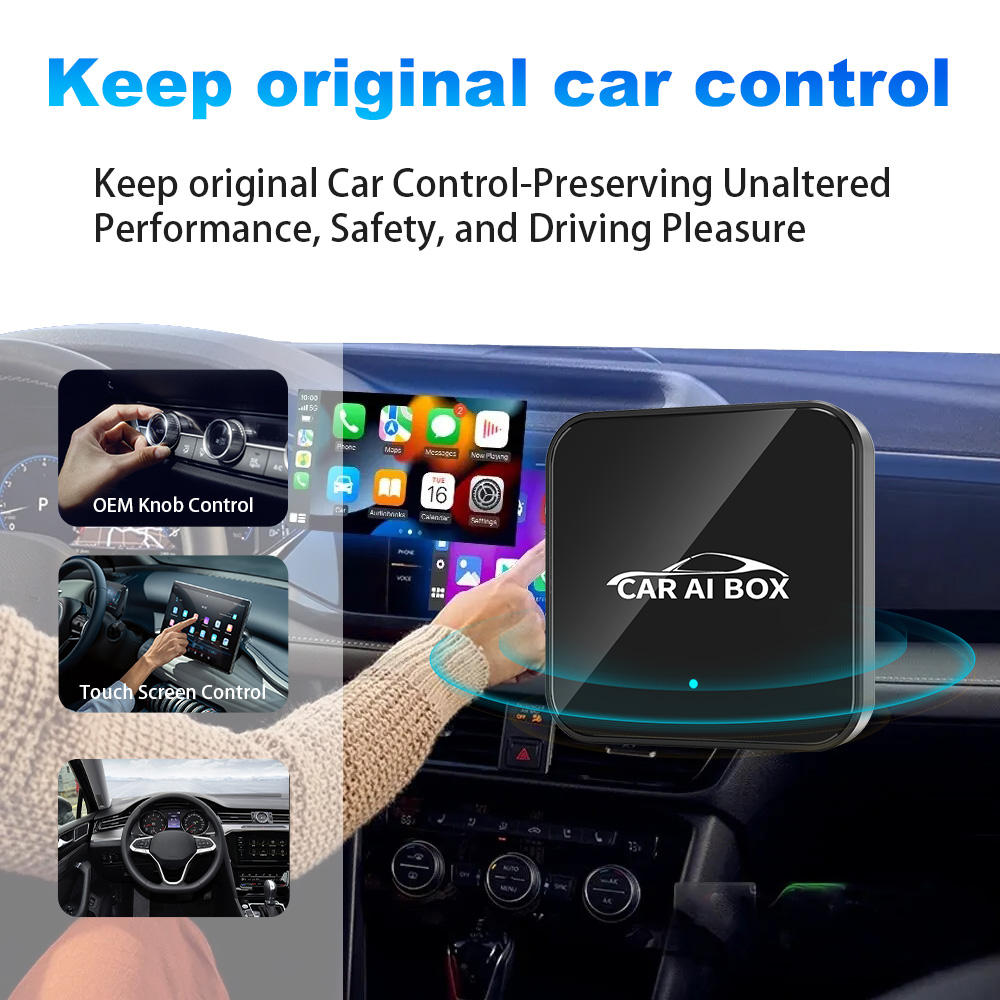 Car AI Box with text on preserving original car control, performance, safety, and driving pleasure.