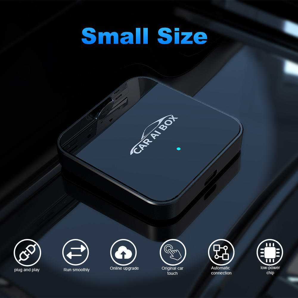 Small black device with 'CAR AIR BOX' logo on a reflective surface, featuring icons and text about device features.