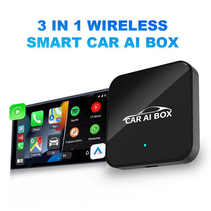 3-in-1 wireless smart car AI box with smartphone app interface on a white background
