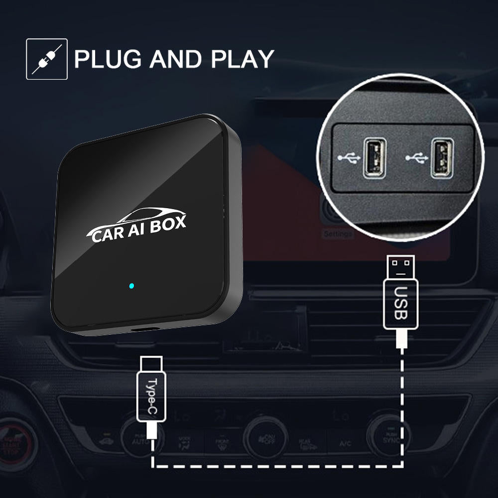 Car AI Box with USB and Type-C connections on a car dashboard background