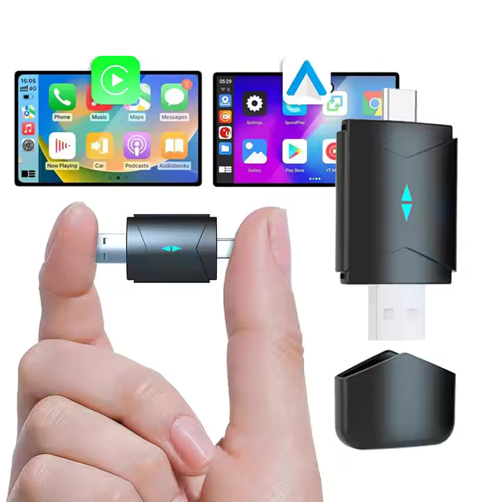 Black USB adapter held between fingers with smartphone screens displaying app icons in the background