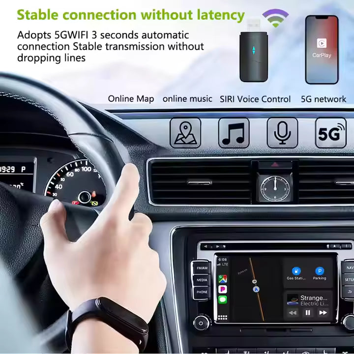 Car dashboard with a hand using a smartphone, displaying features like 5G WiFi and CarPlay integration.