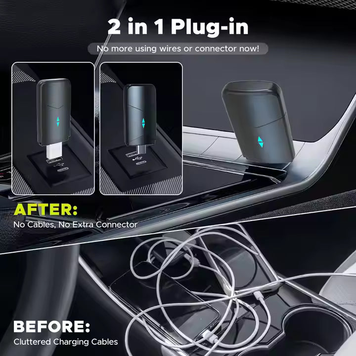 2-in-1 plug-in device for charging without cables, showing before and after scenarios.