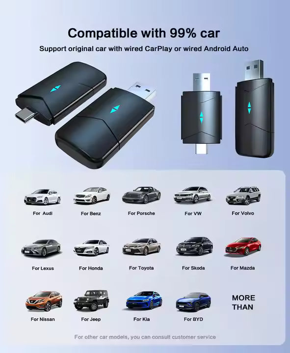 Car interface adapters compatible with various car brands on a light blue background