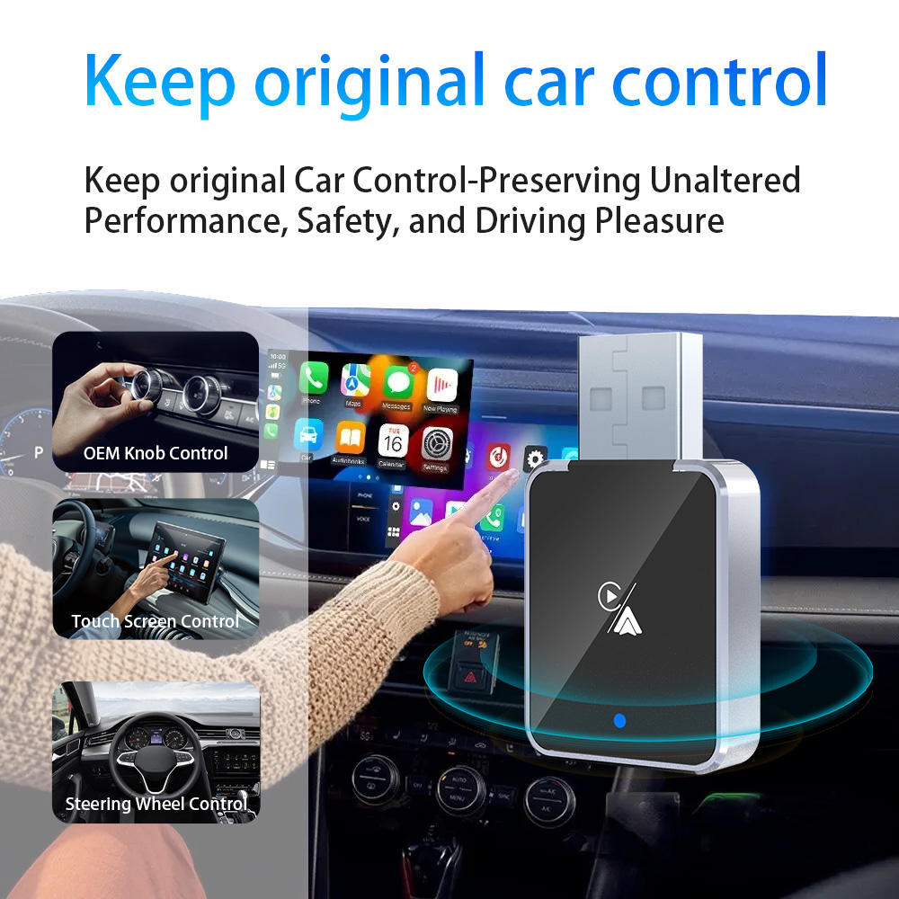 Car control adapter with text 'Keep original car control' and images of touch screen, steering wheel, and OEM knob controls.