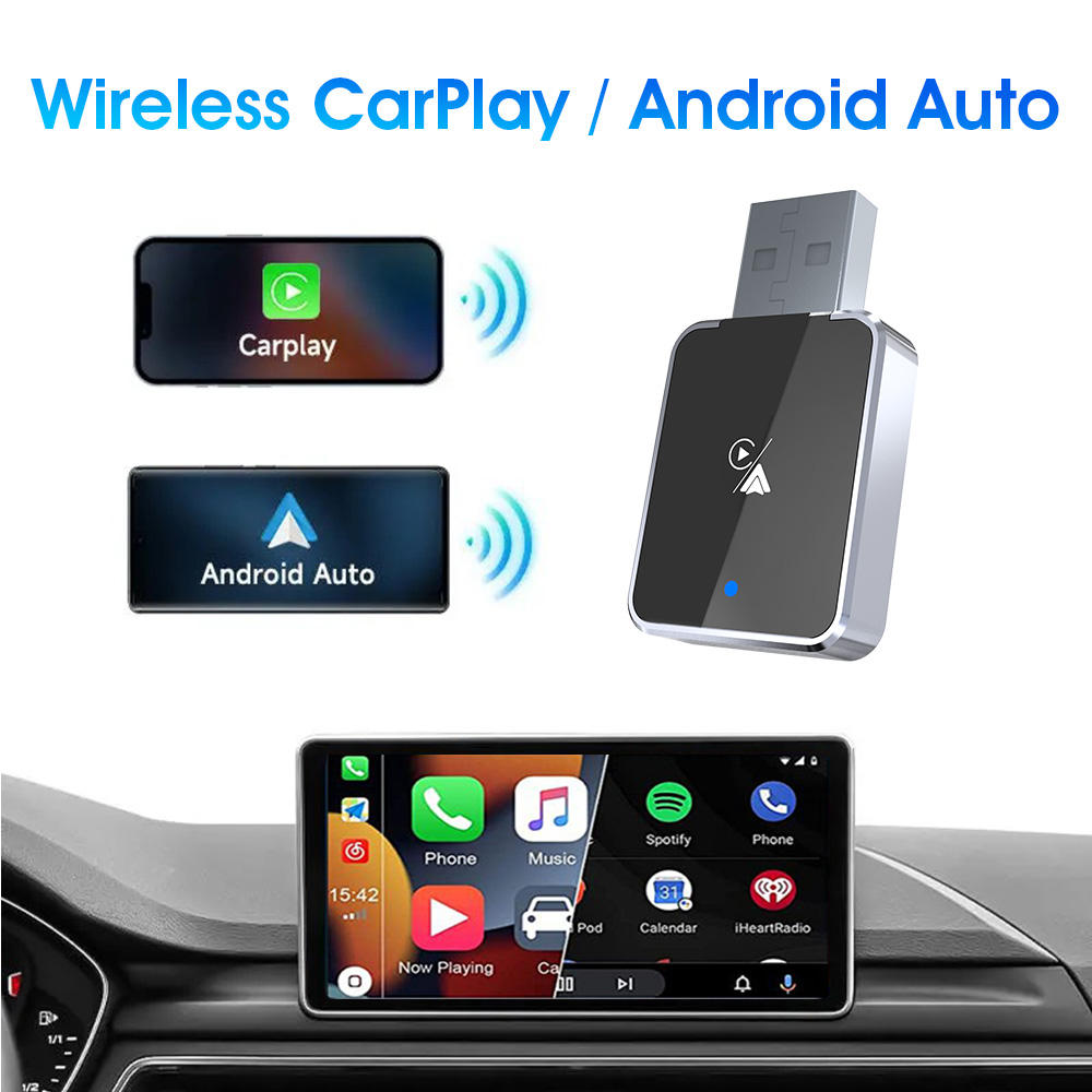 Wireless CarPlay/Android Auto adapter with smartphone screens displaying CarPlay and Android Auto icons, and a car dashboard with a smartphone showing app icons.