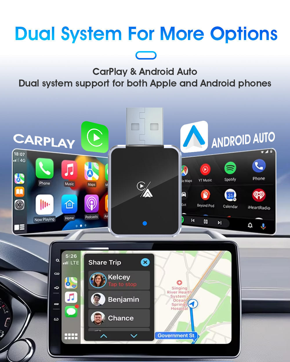 Car multimedia system with CarPlay and Android Auto support, displayed in a car interior.