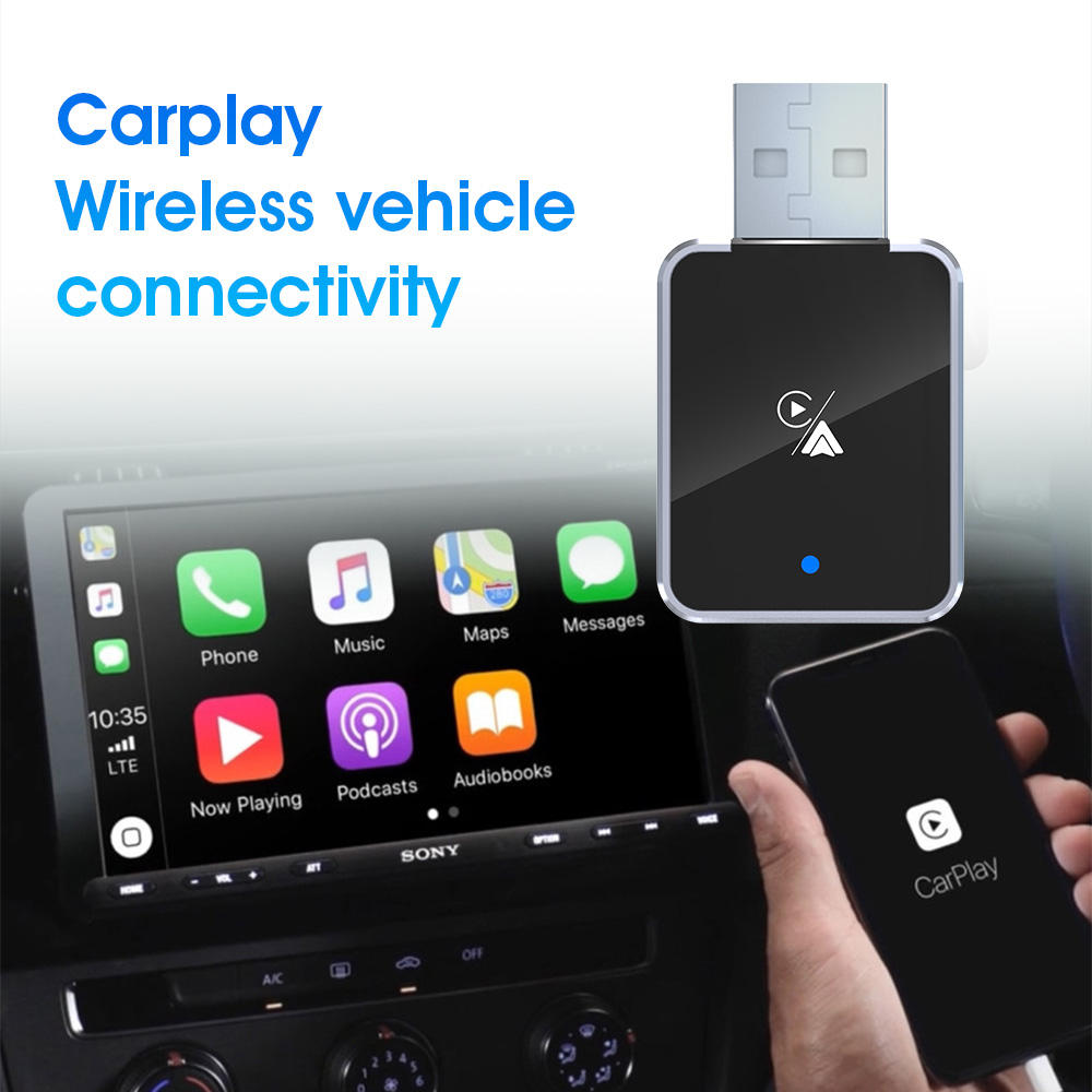 CarPlay wireless vehicle connectivity device with smartphone and car dashboard display.